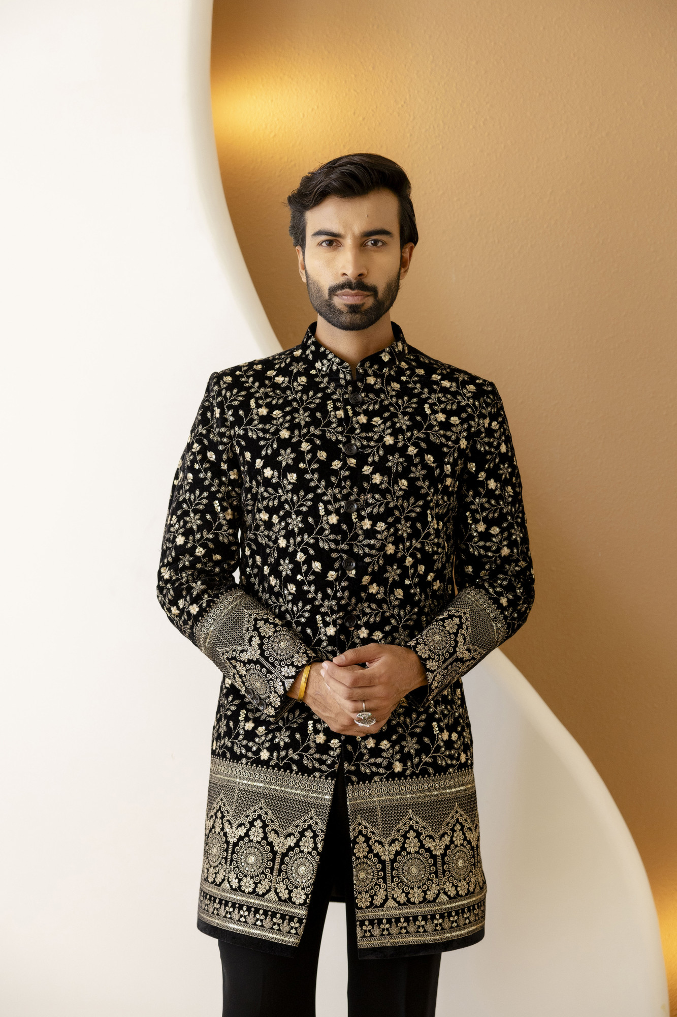 Gold Embroidered Achkan In Black Velvet