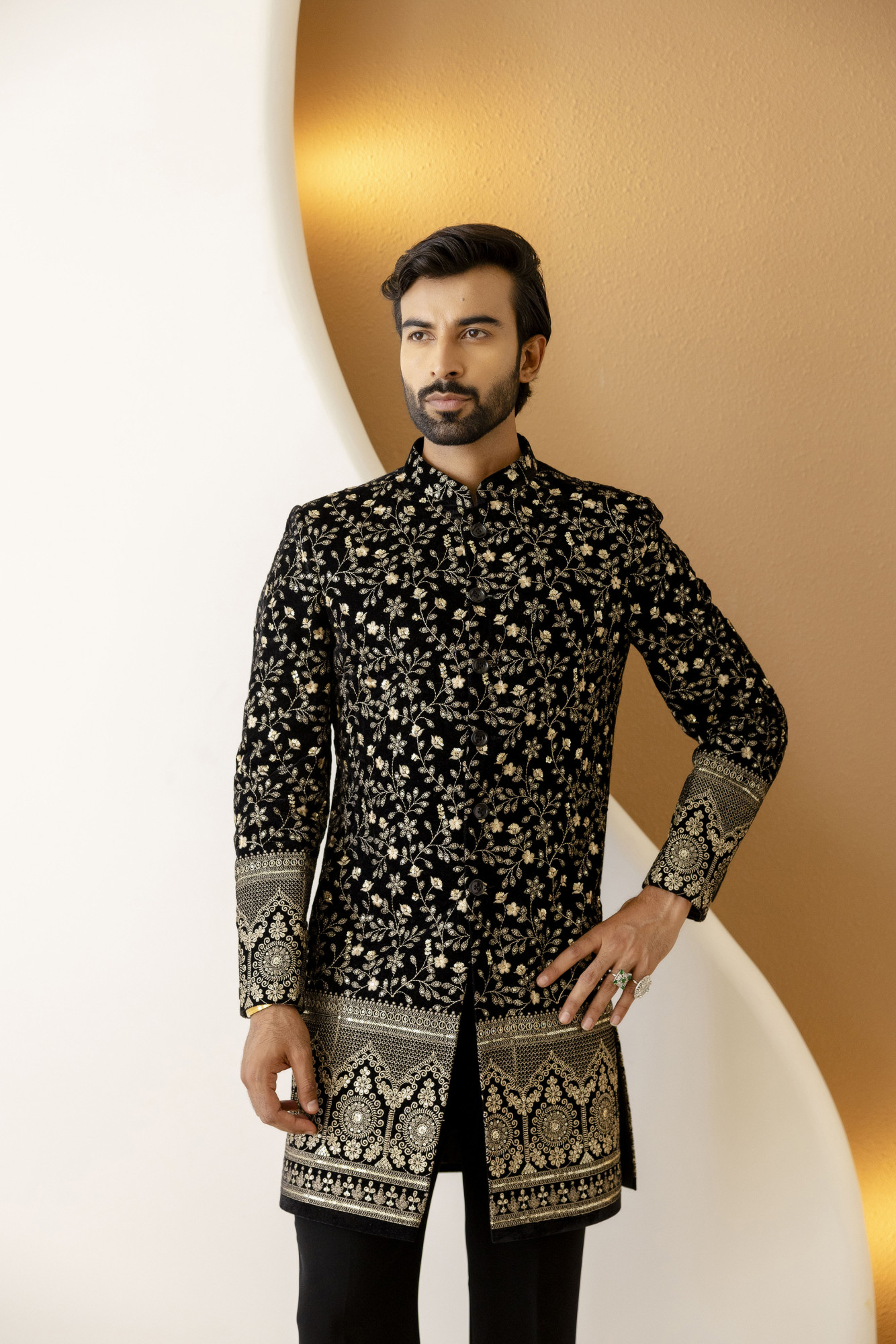 Gold Embroidered Achkan In Black Velvet