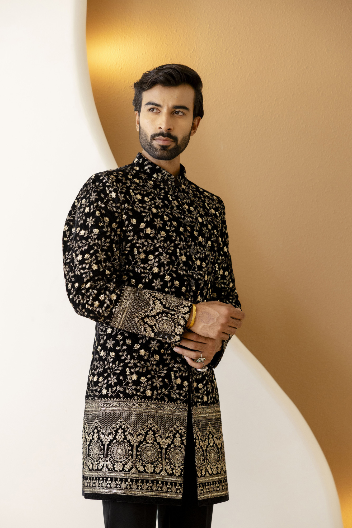 Gold Embroidered Achkan In Black Velvet