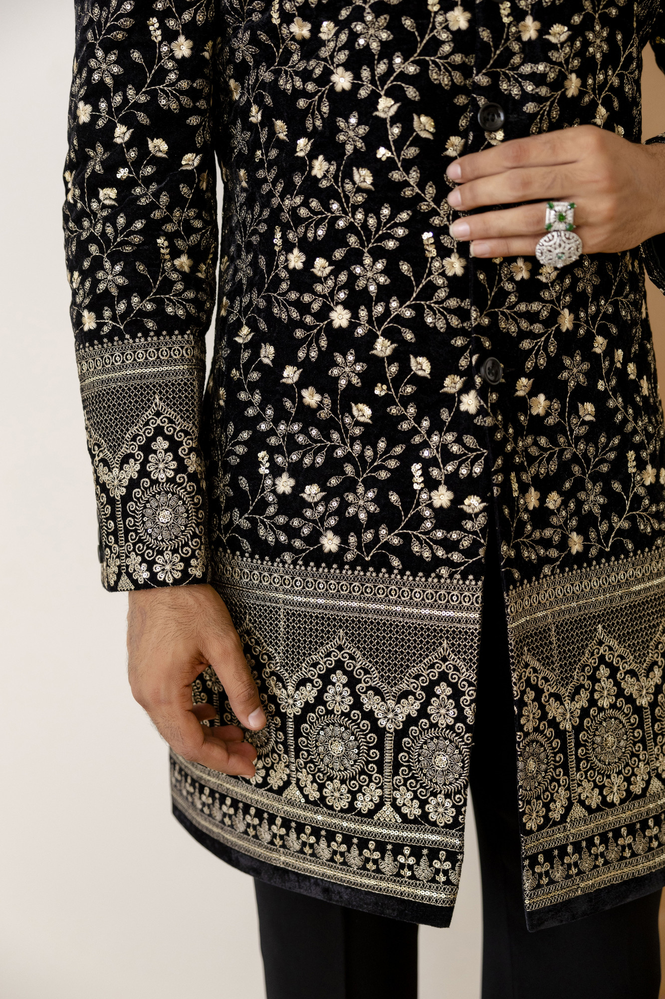 Gold Embroidered Achkan In Black Velvet