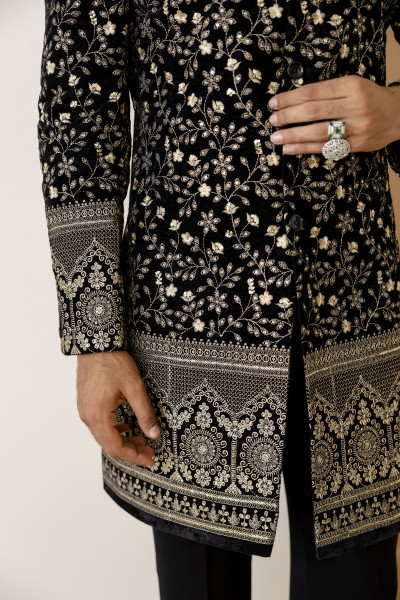 Gold Embroidered Achkan In Black Velvet