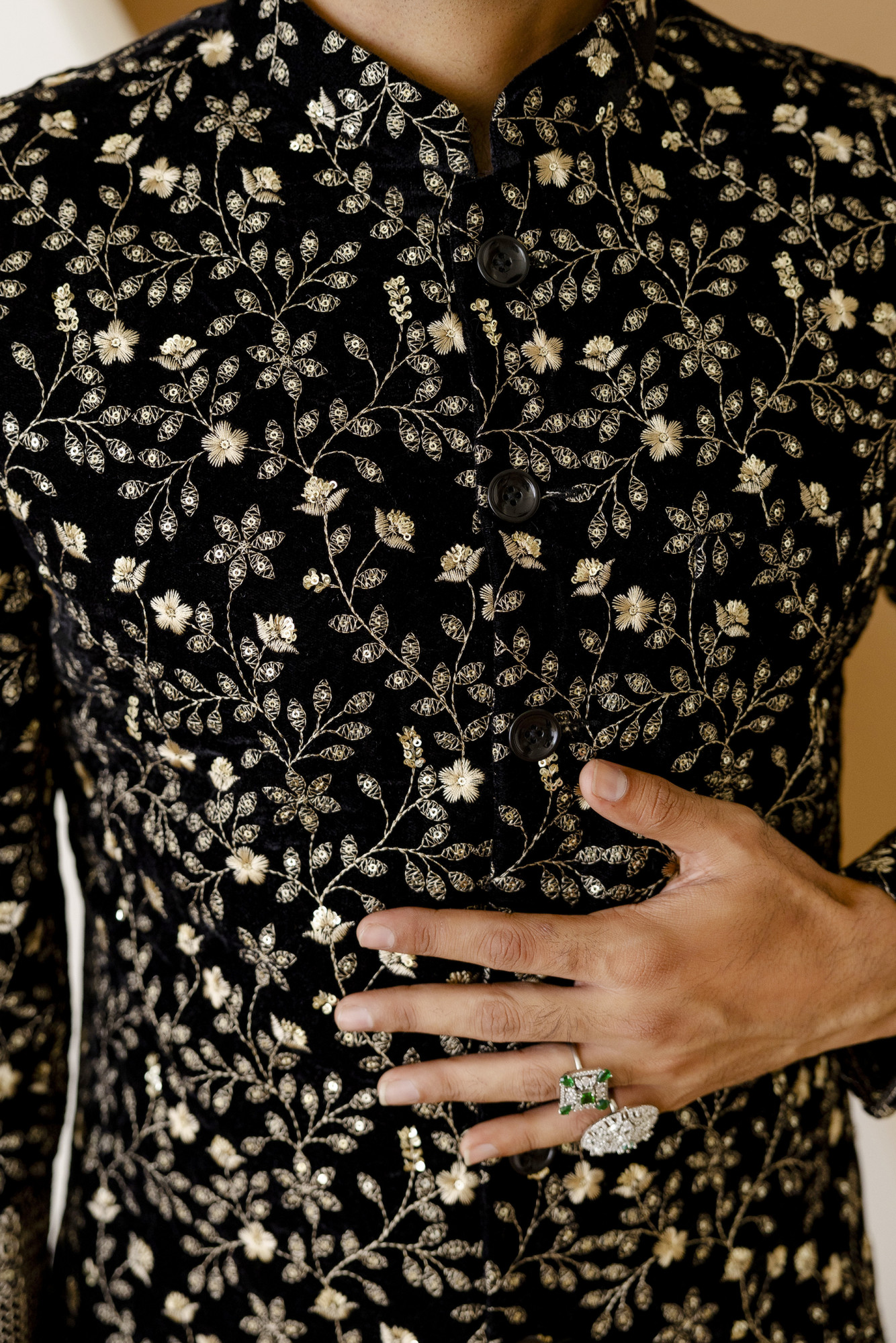 Gold Embroidered Achkan In Black Velvet