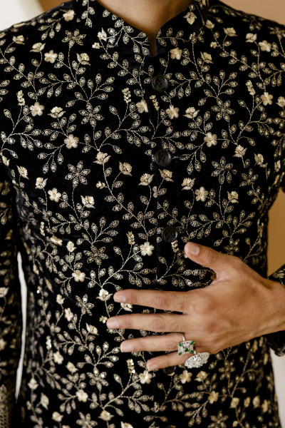 Gold Embroidered Achkan In Black Velvet