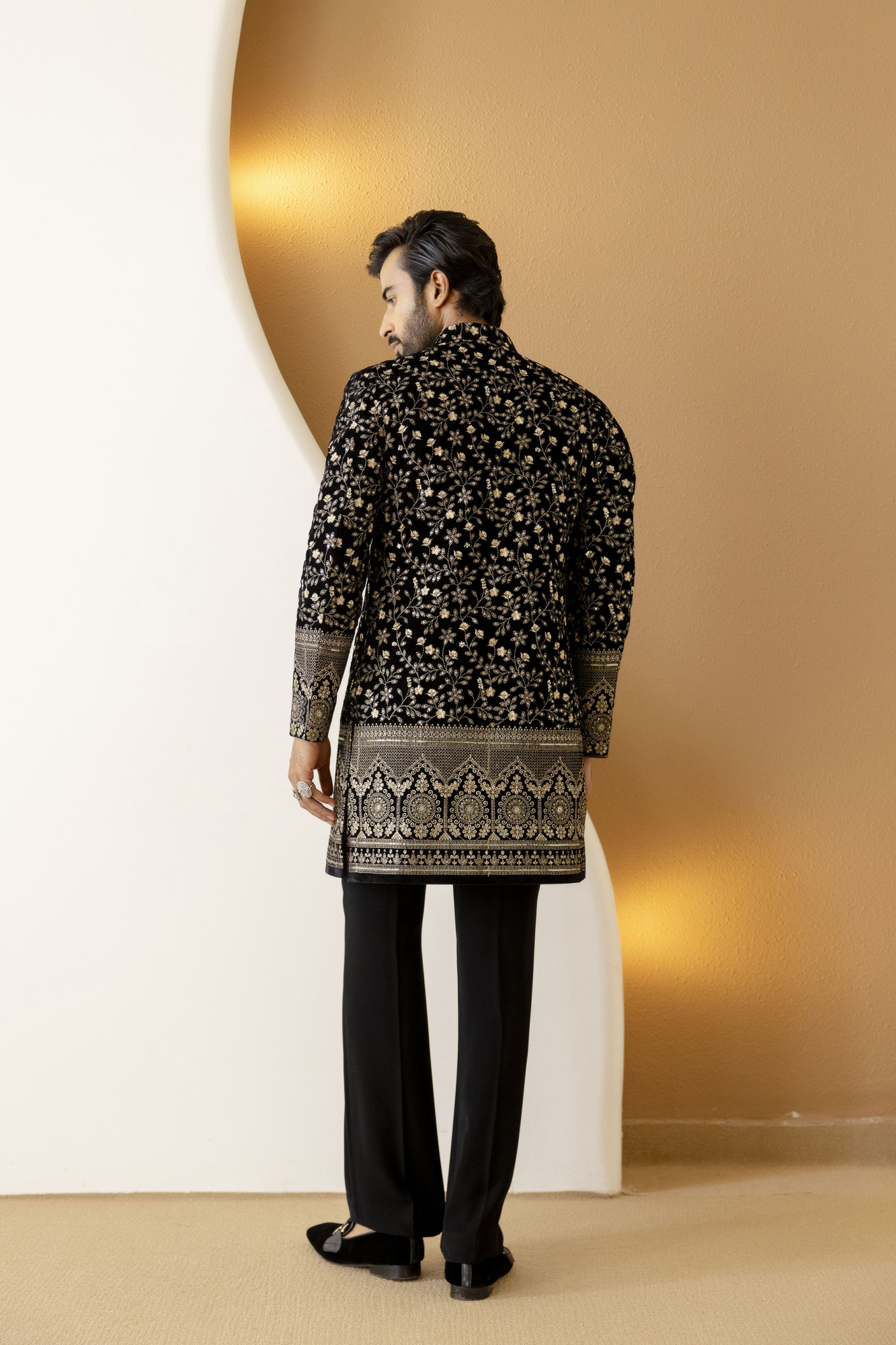 Gold Embroidered Achkan In Black Velvet