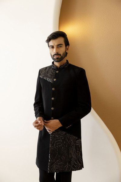 Black Sequin Achkan