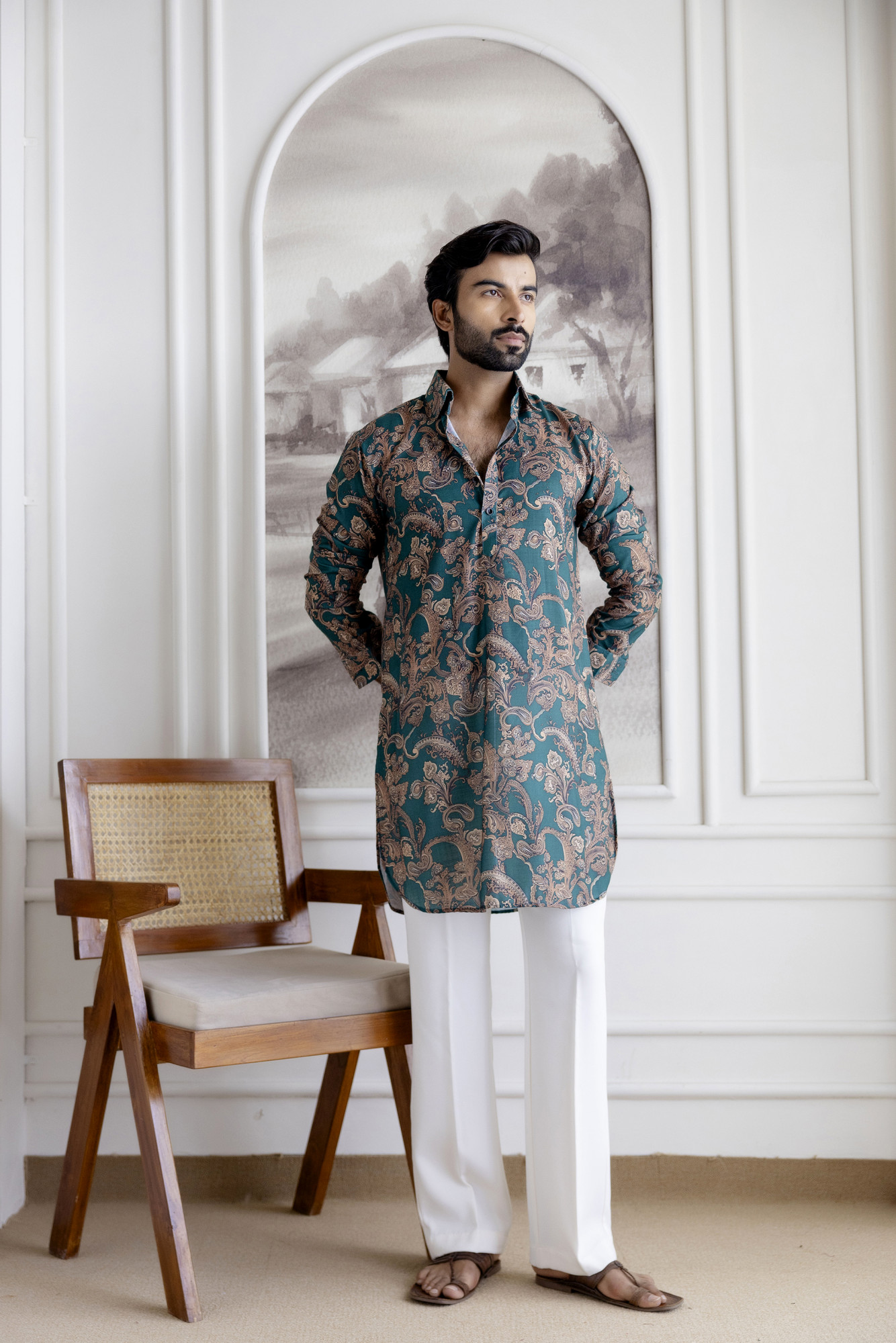 Printed Pathani Kurta In Green