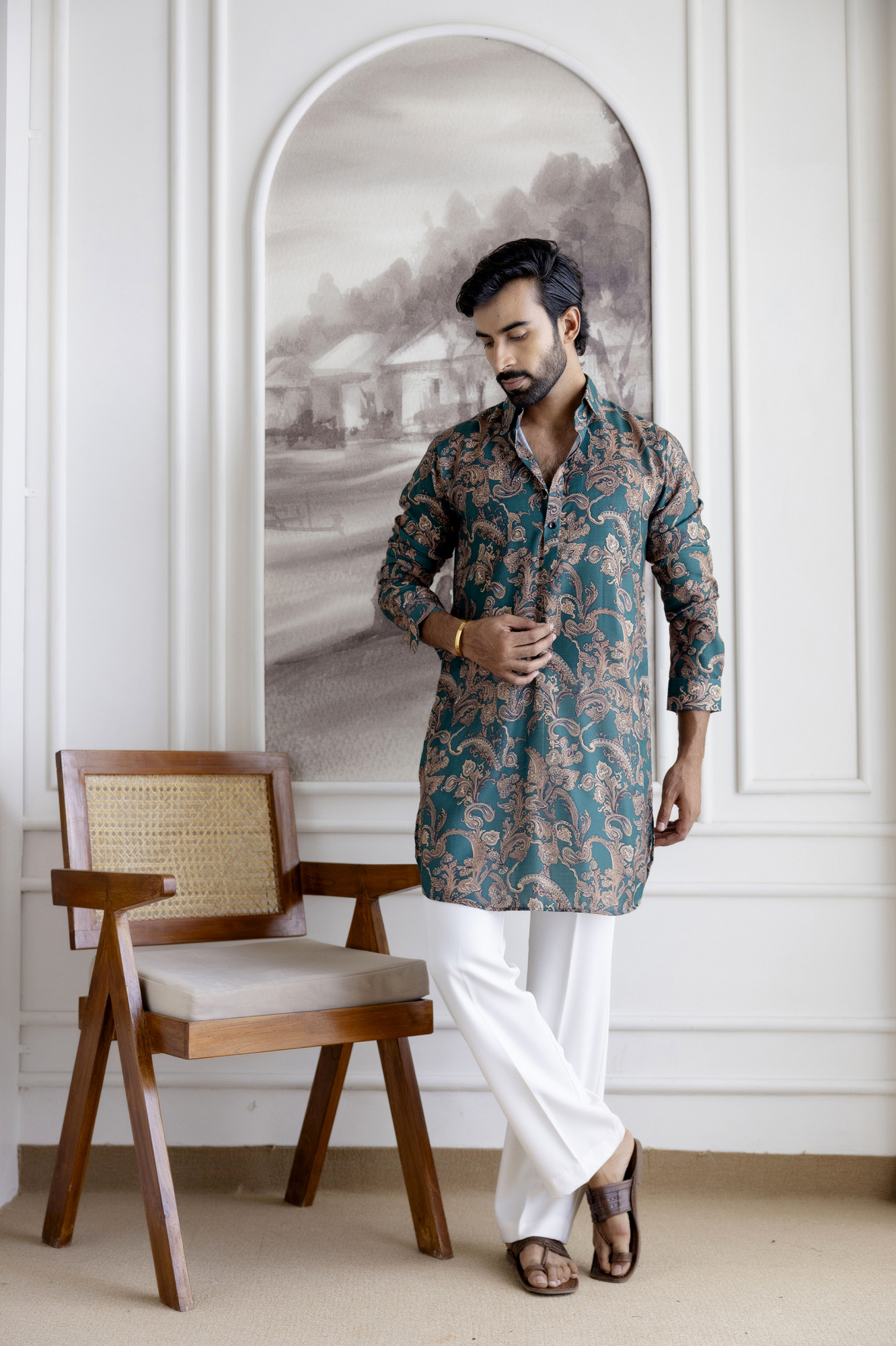 Printed Pathani Kurta In Green