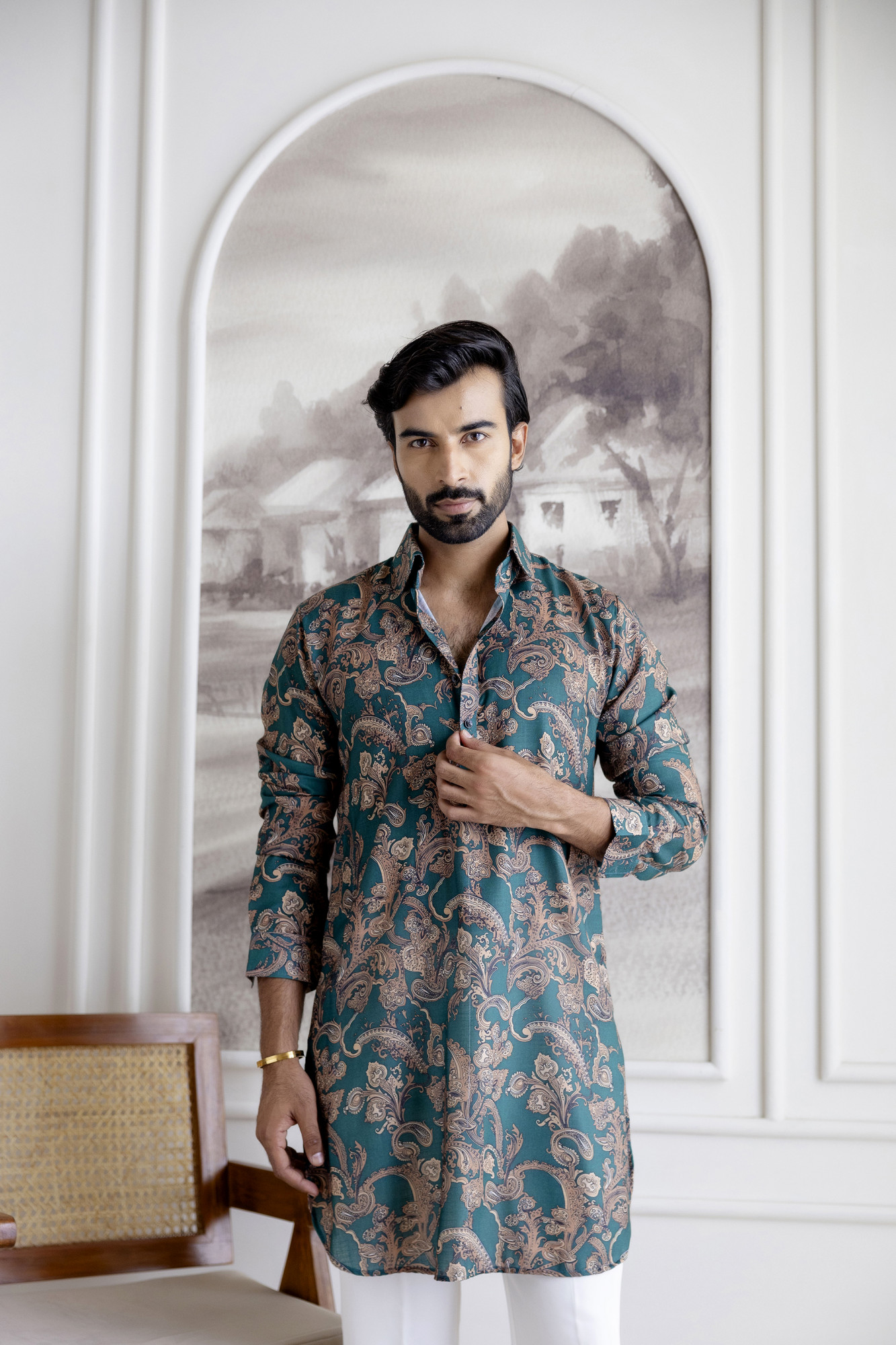 Printed Pathani Kurta In Green