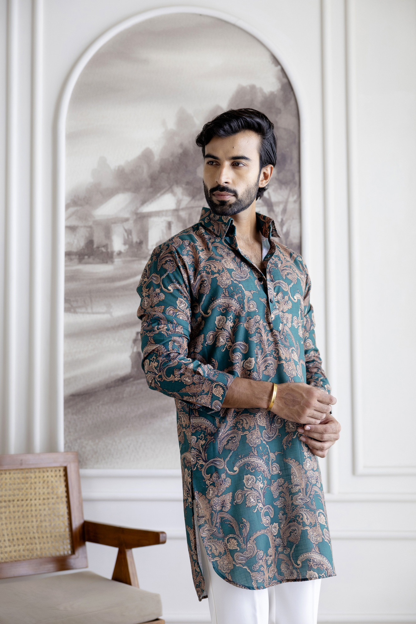 Printed Pathani Kurta In Green