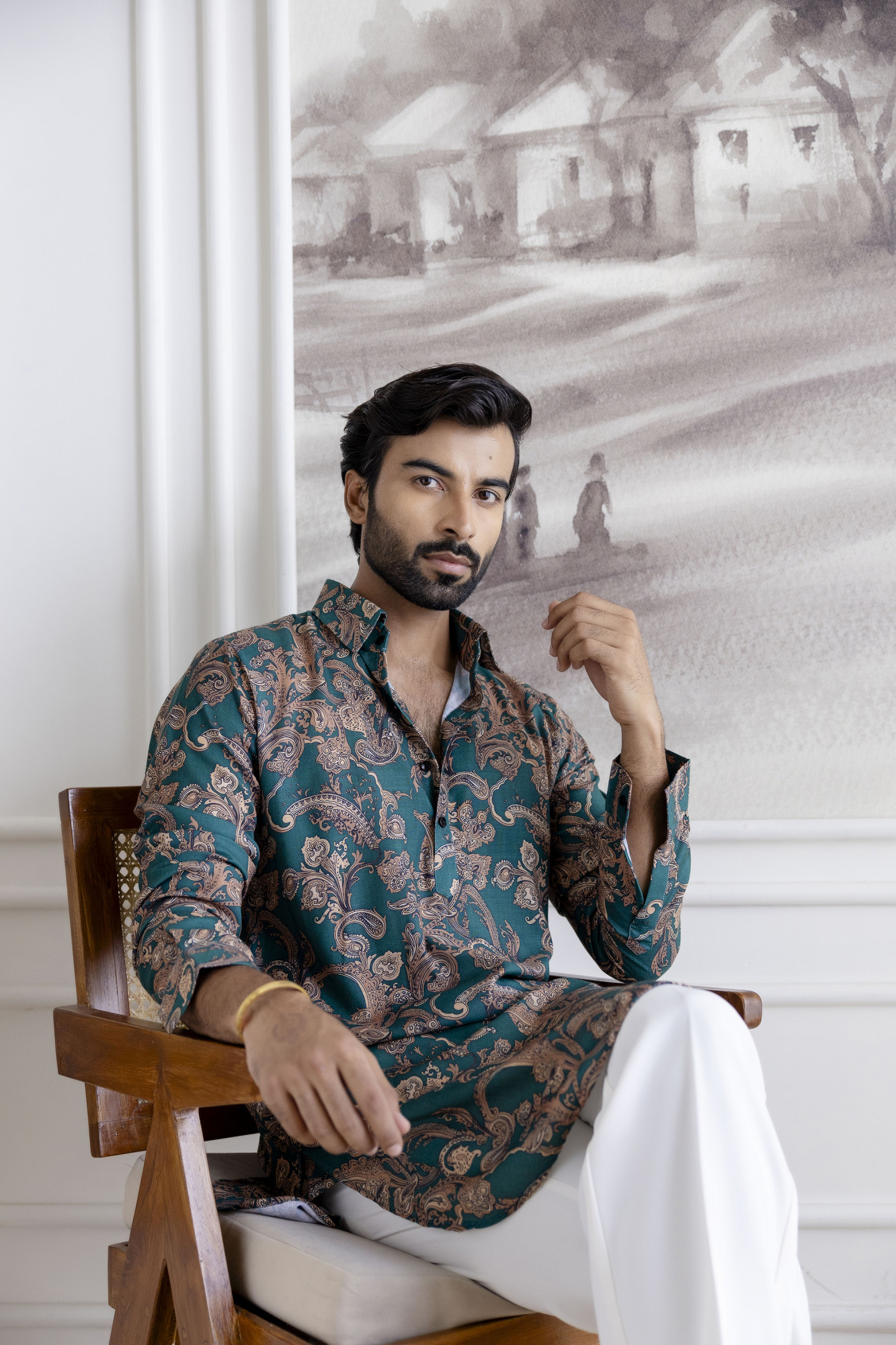 Printed Pathani Kurta In Green