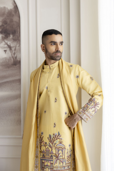 Embroidered Kurta With Dupatta In yellow