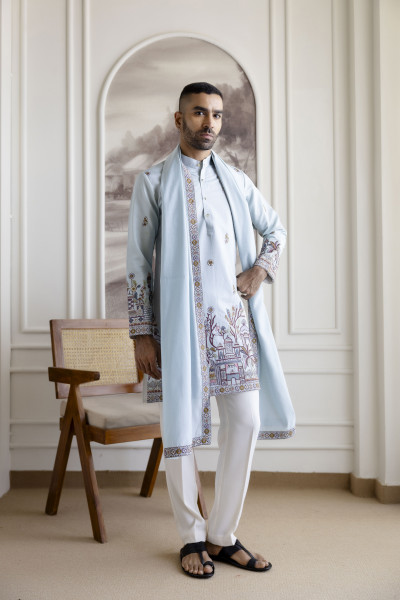 Embroidered Kurta with Dupatta In Powder Blue