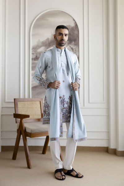 Embroidered Kurta with Dupatta In Powder Blue