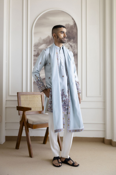 Embroidered Kurta with Dupatta In Powder Blue
