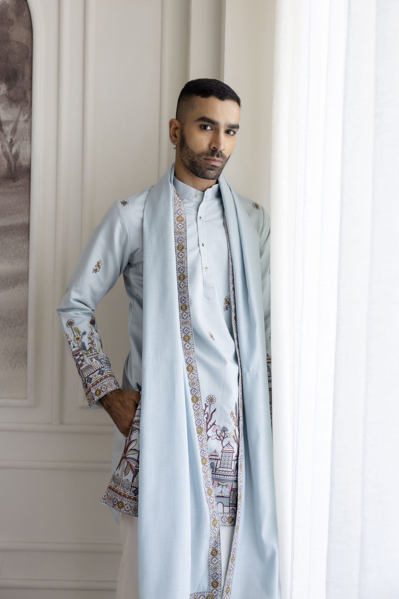 Embroidered Kurta with Dupatta In Powder Blue
