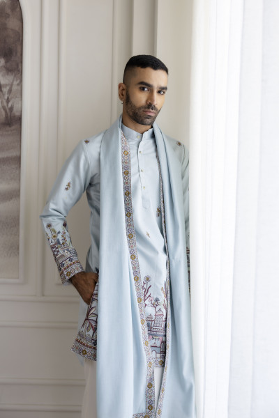 Embroidered Kurta with Dupatta In Powder Blue