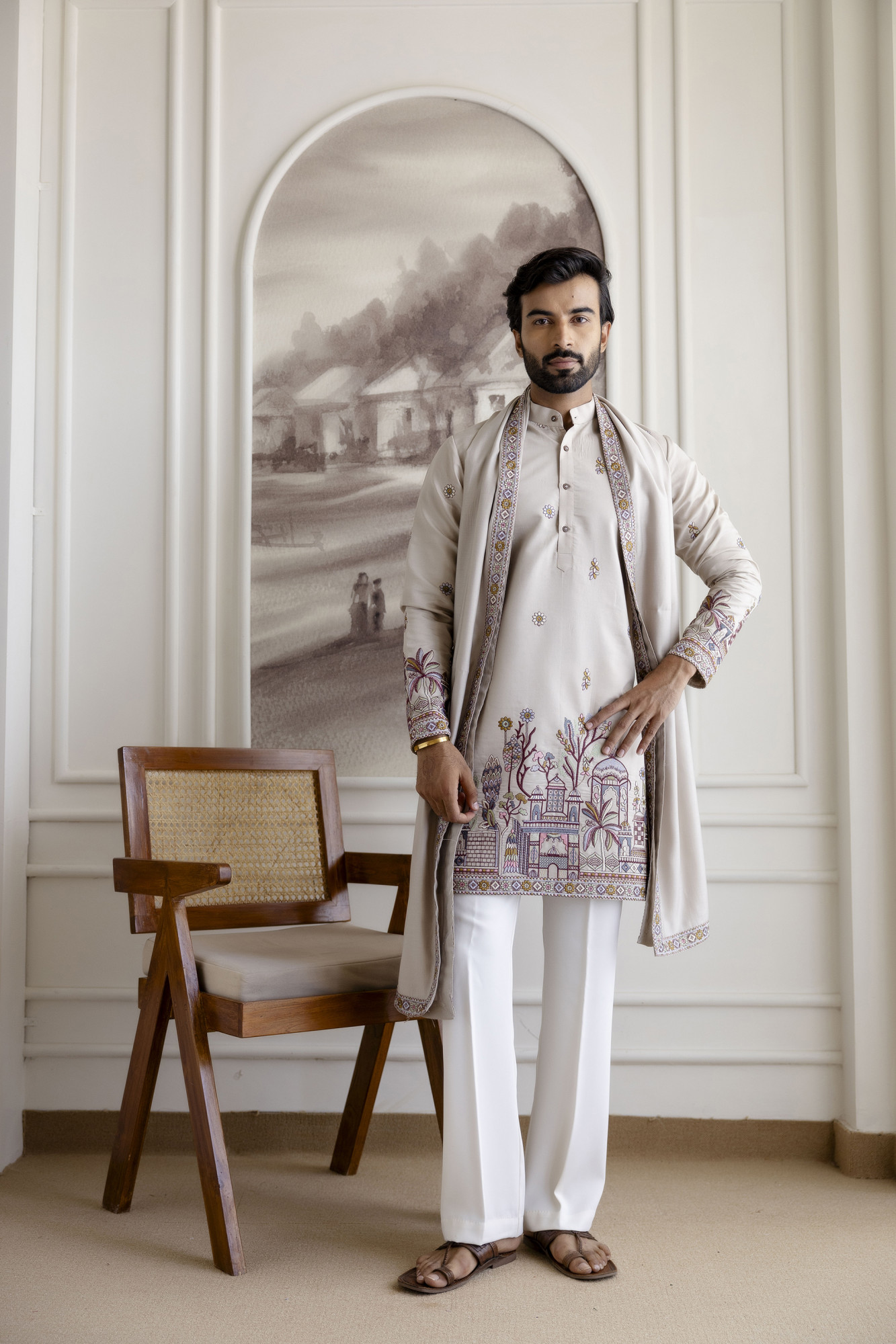 Embroidered Kurta With Dupatta In Beige