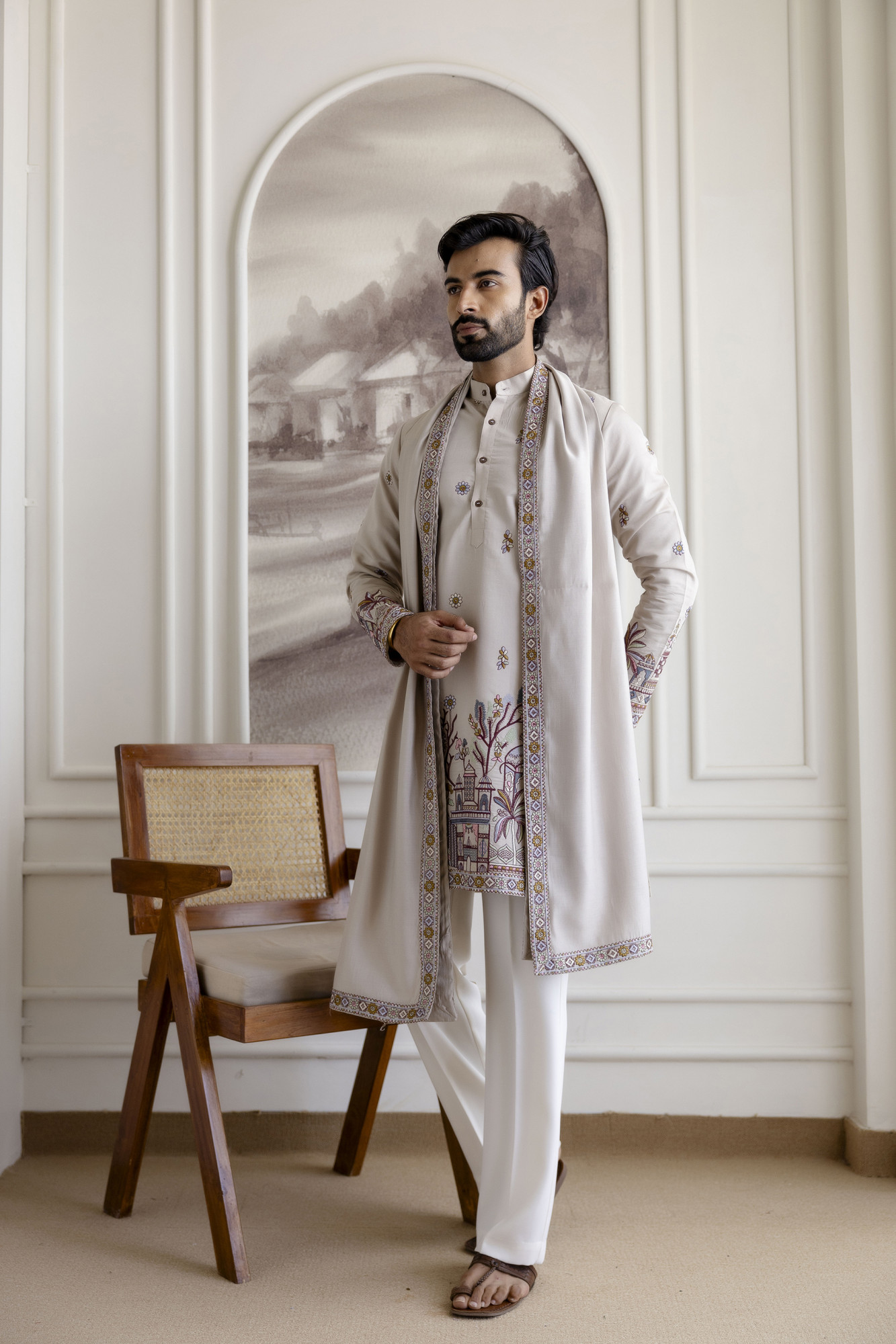 Embroidered Kurta With Dupatta In Beige