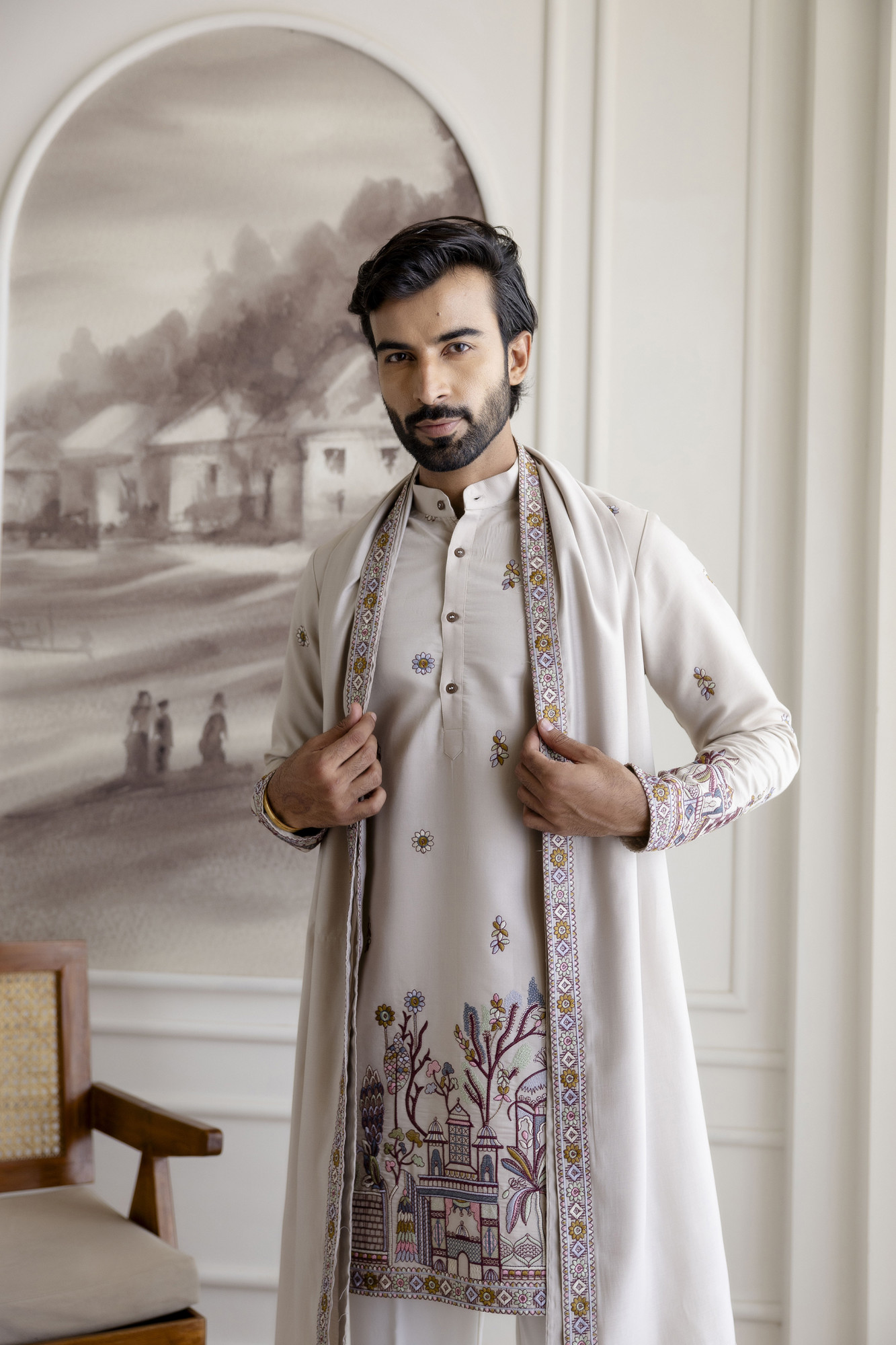 Embroidered Kurta With Dupatta In Beige