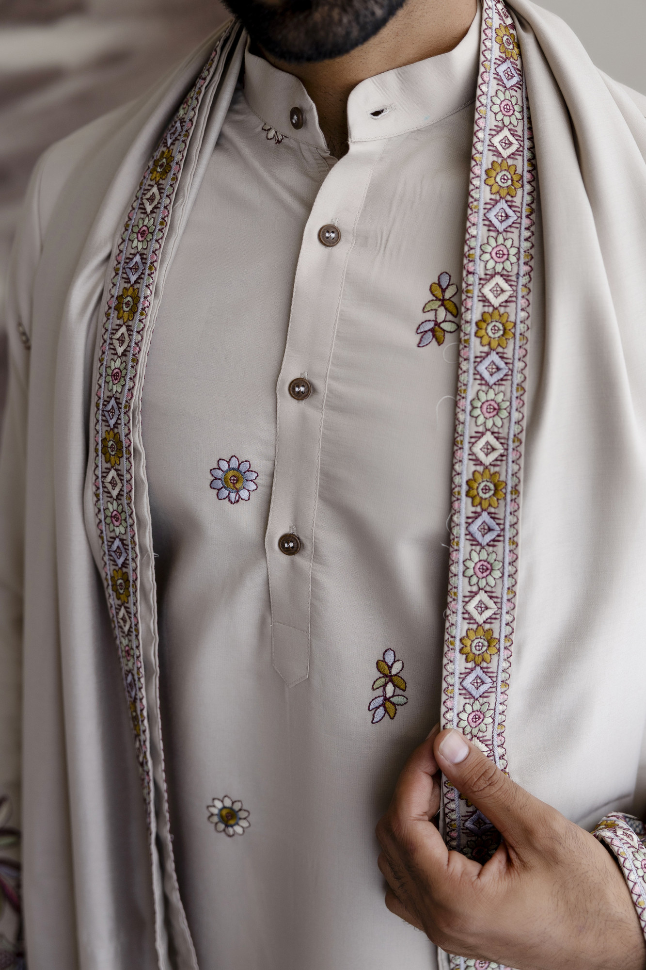 Embroidered Kurta With Dupatta In Beige