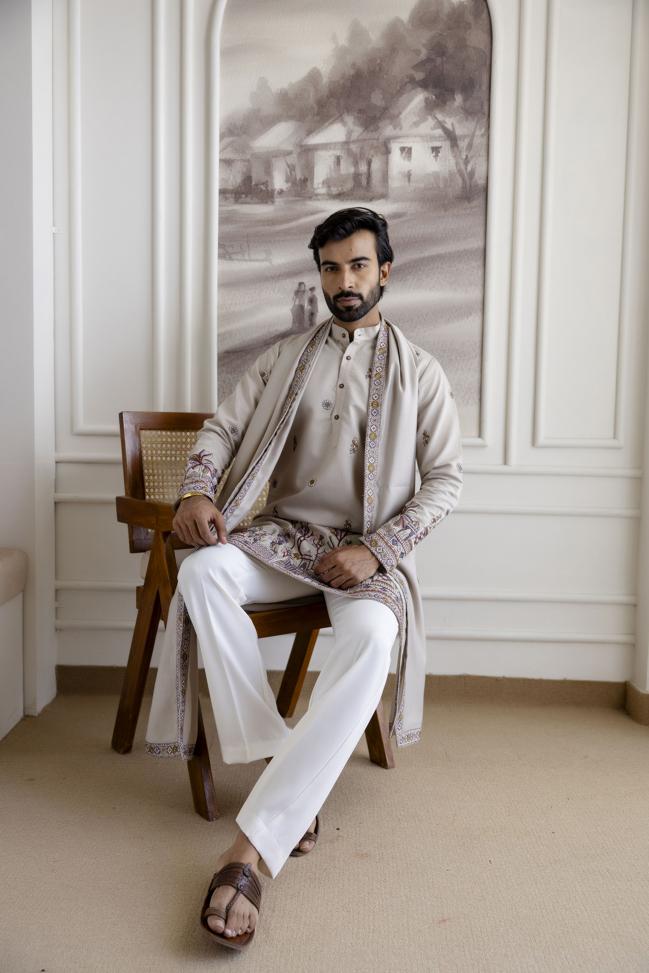 Embroidered Kurta With Dupatta In Beige