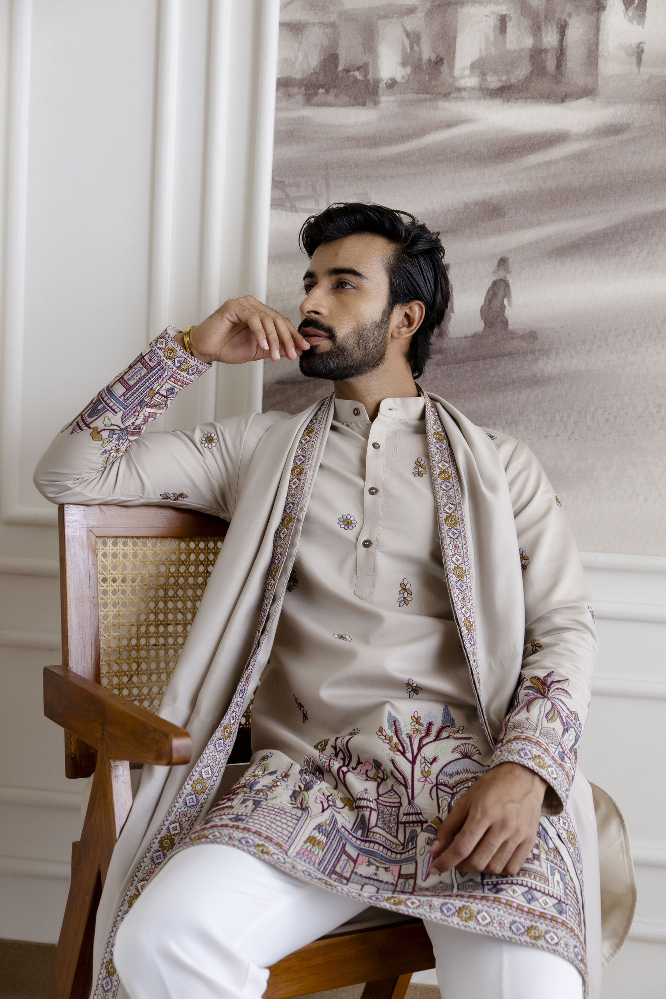 Embroidered Kurta With Dupatta In Beige