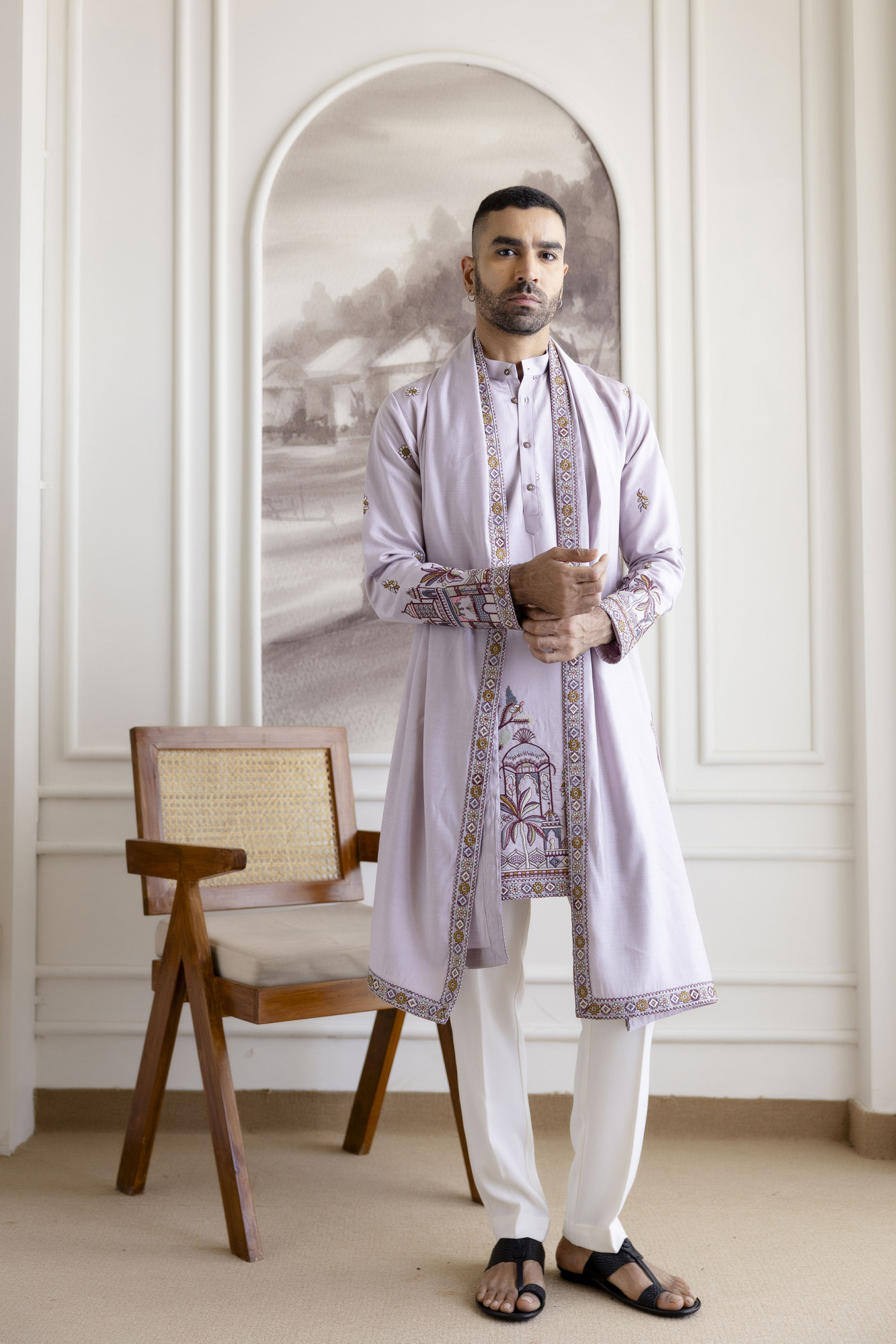 Embroidered Kurta With Dupatta In Lavender
