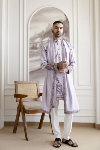 Embroidered Kurta With Dupatta In Lavender