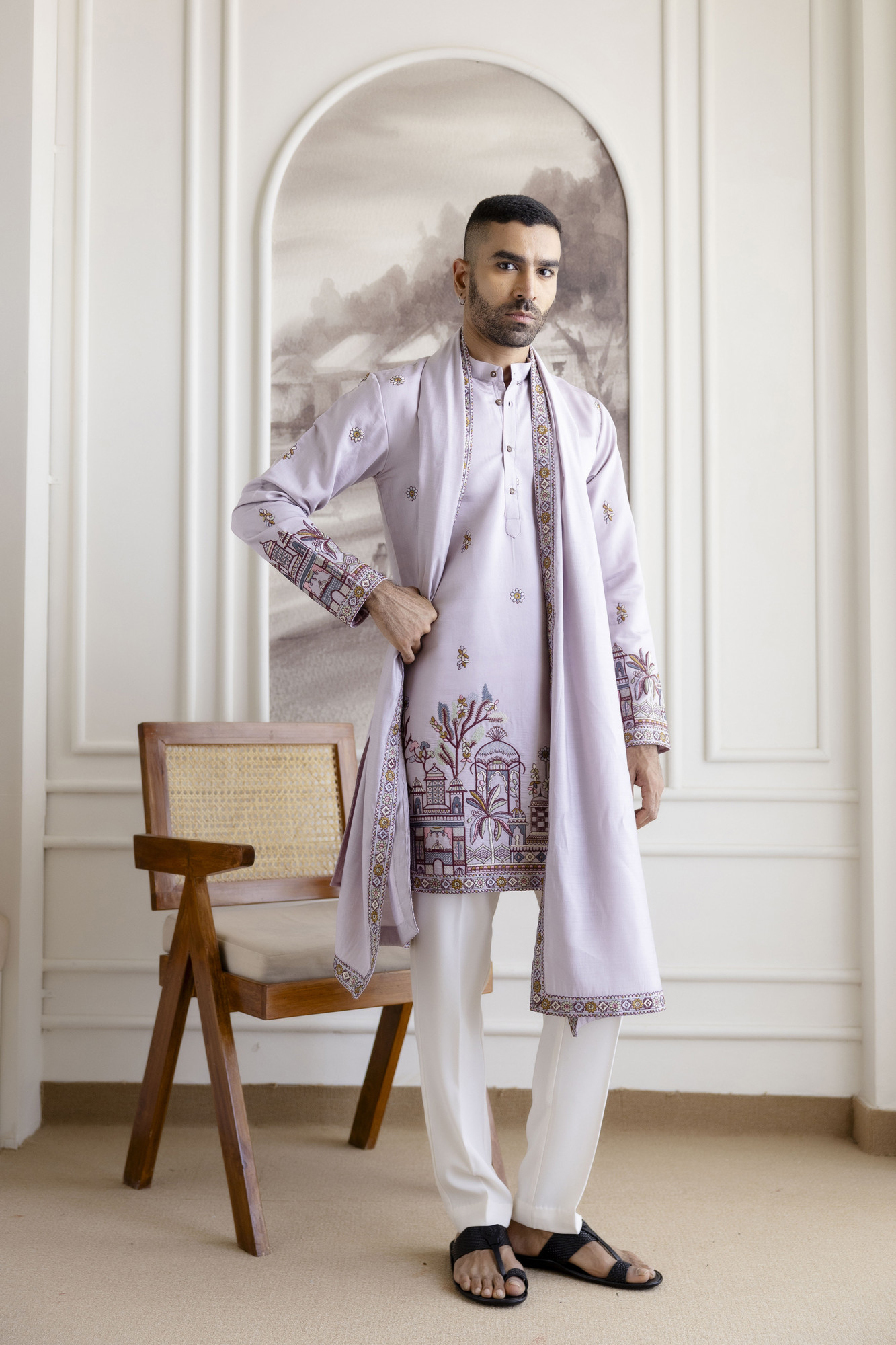 Embroidered Kurta With Dupatta In Lavender