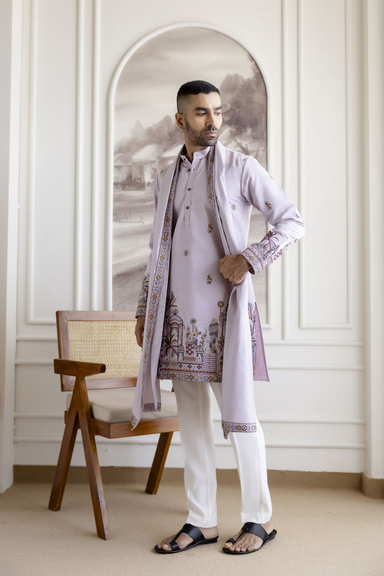 Embroidered Kurta With Dupatta In Lavender
