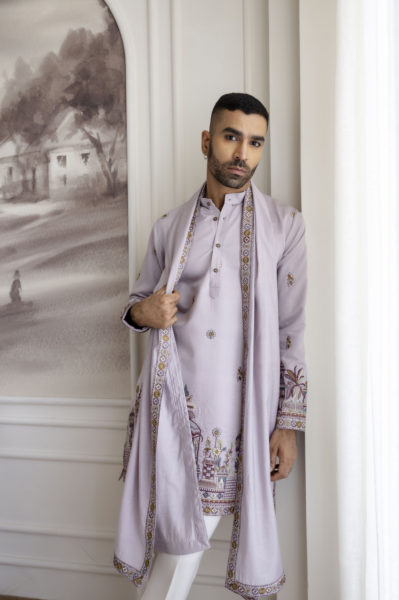 Embroidered Kurta With Dupatta In Lavender