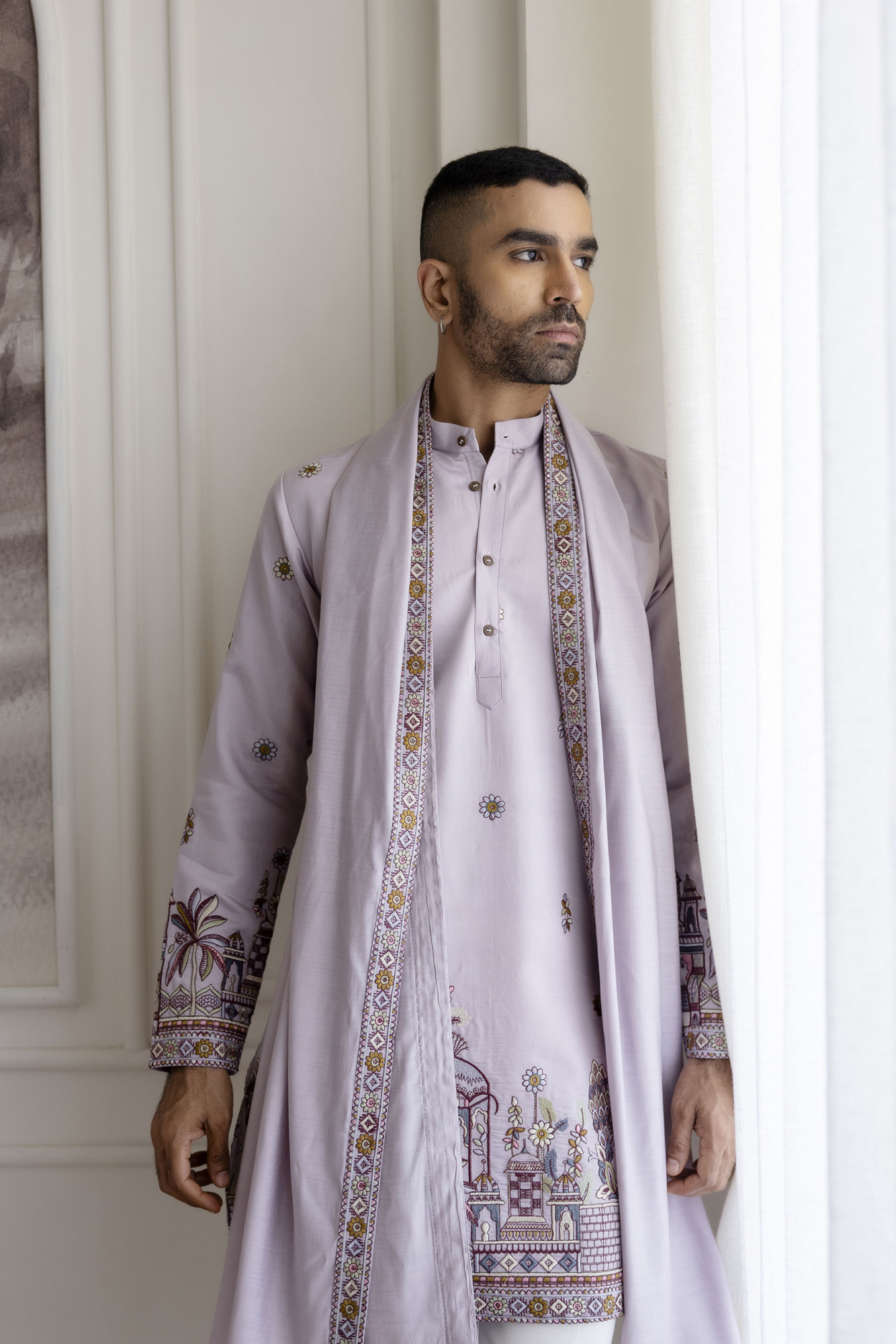 Embroidered Kurta With Dupatta In Lavender