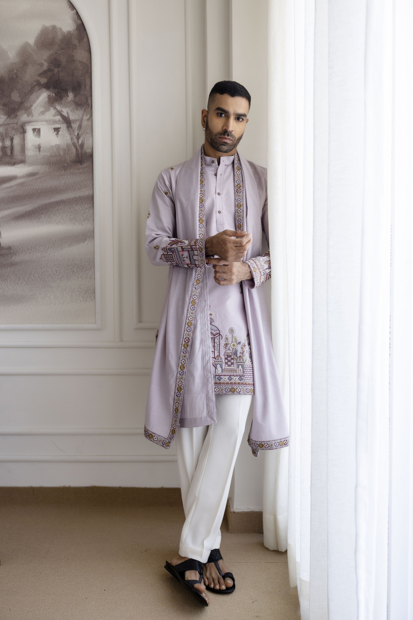 Embroidered Kurta With Dupatta In Lavender