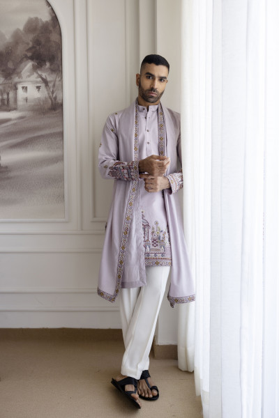 Embroidered Kurta With Dupatta In Lavender