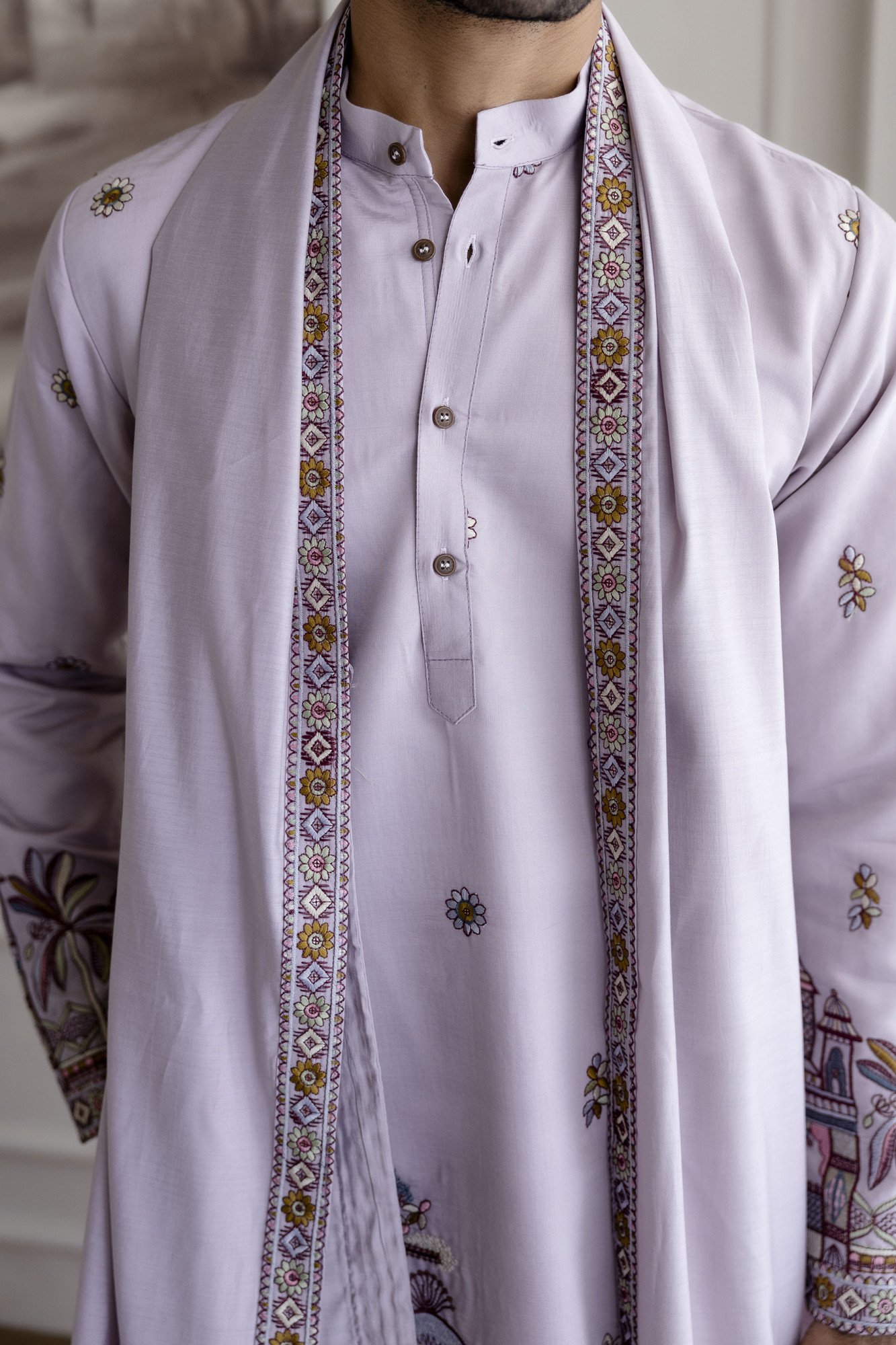 Embroidered Kurta With Dupatta In Lavender