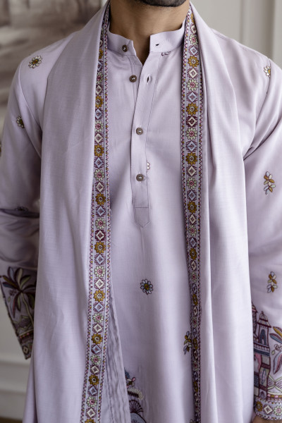 Embroidered Kurta With Dupatta In Lavender