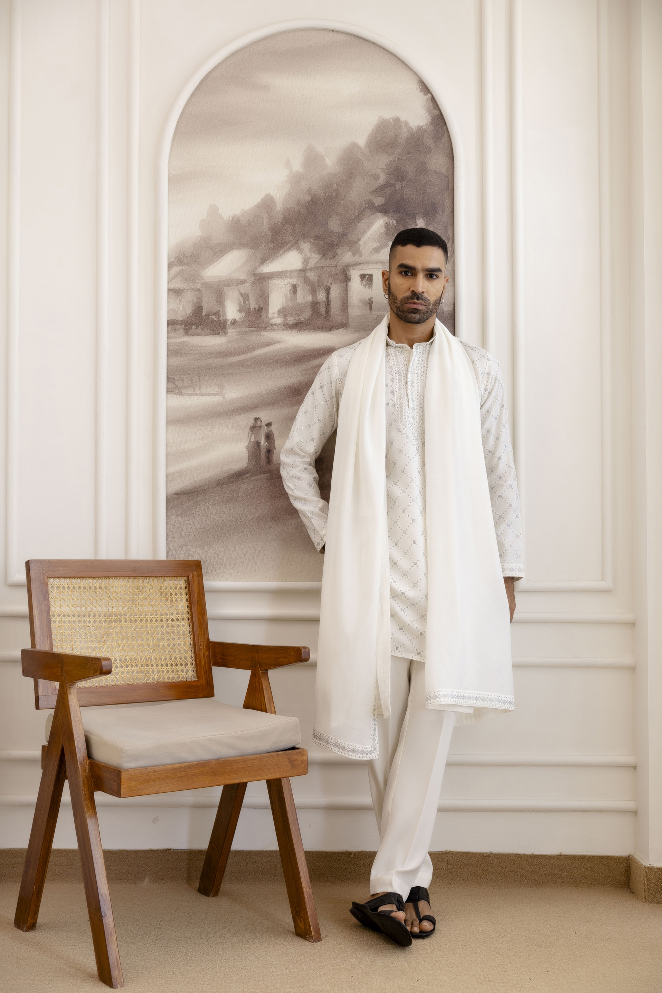 Sequence Work Kurta With Dupatta In White