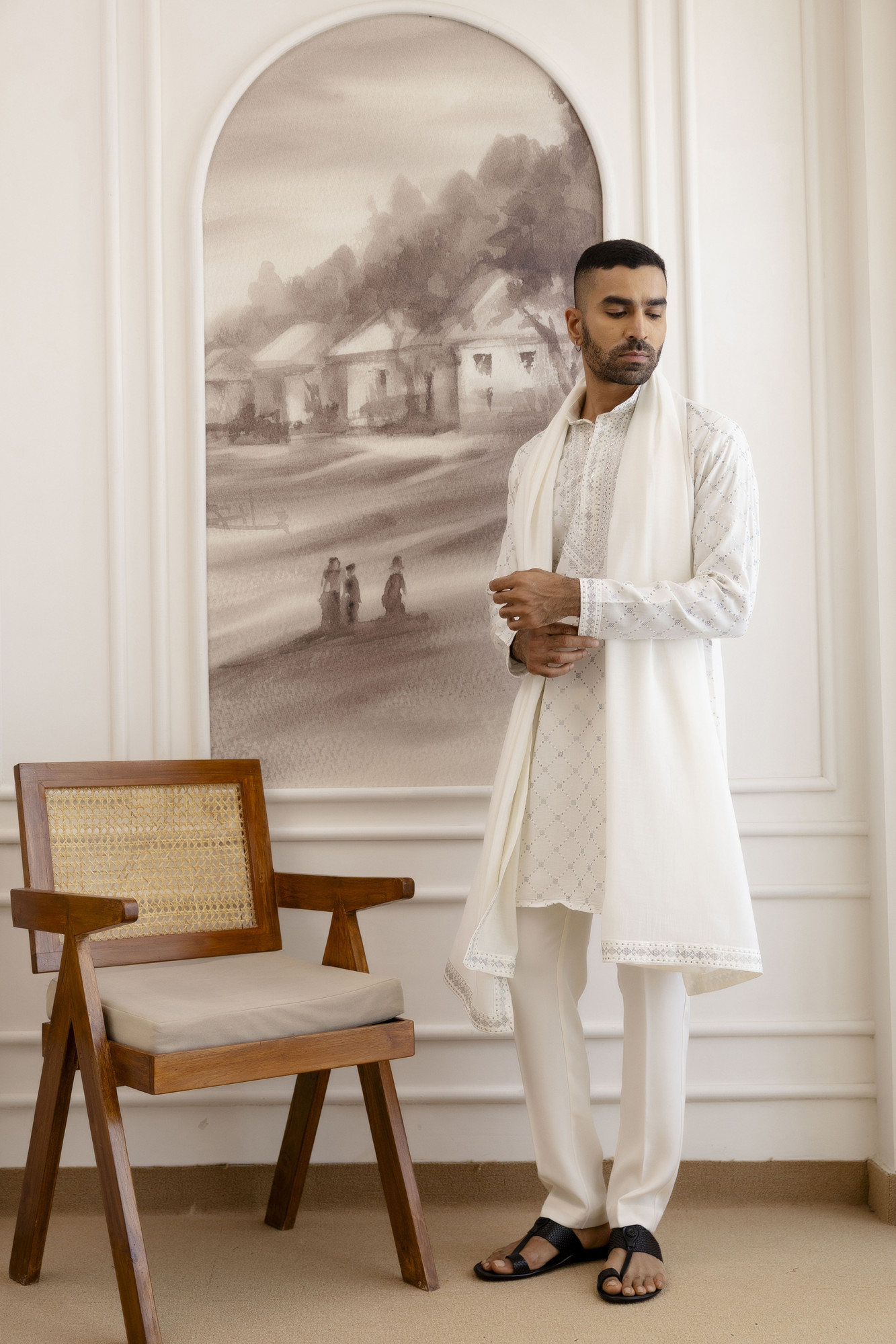 Sequence Work Kurta With Dupatta In White