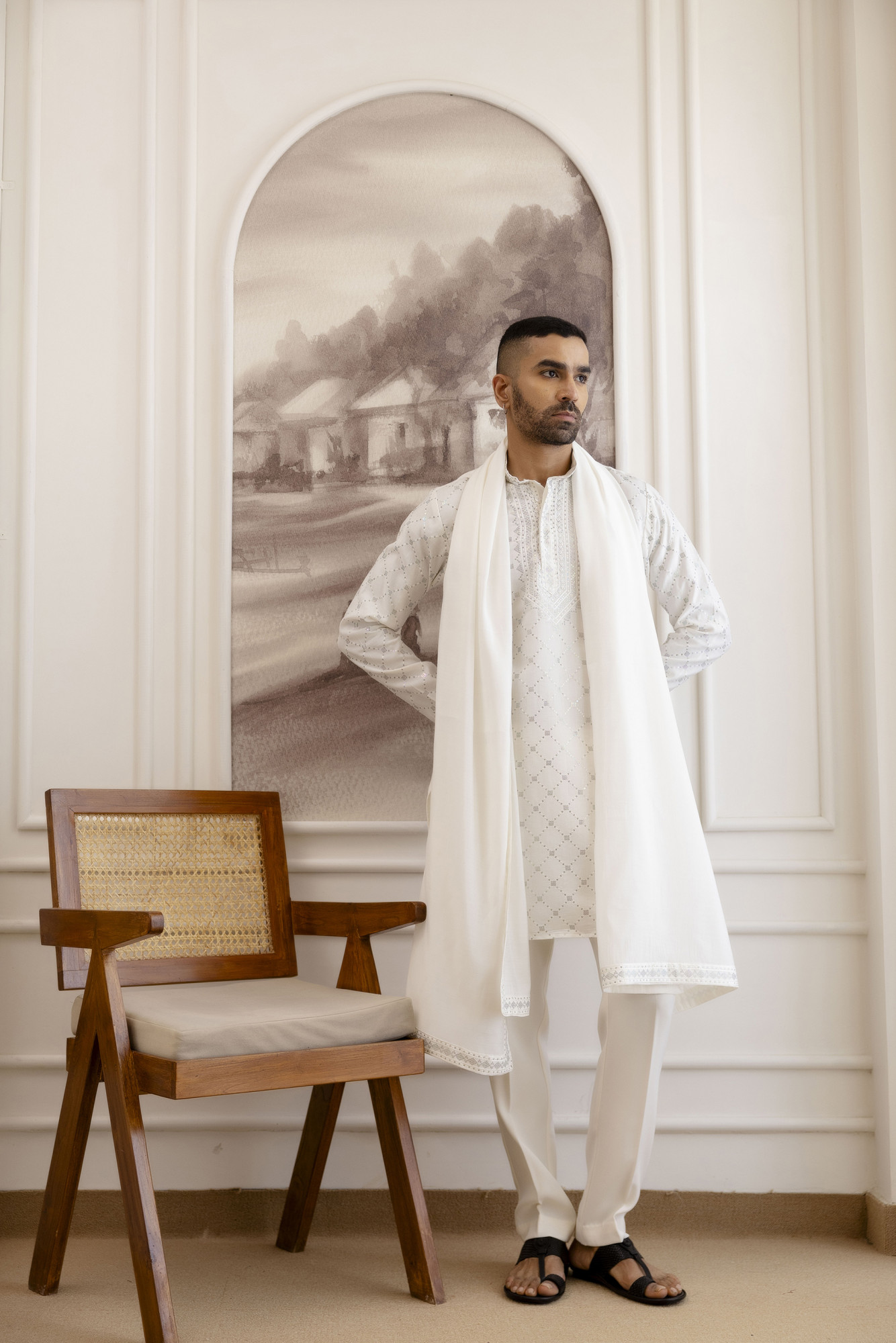 Sequence Work Kurta With Dupatta In White