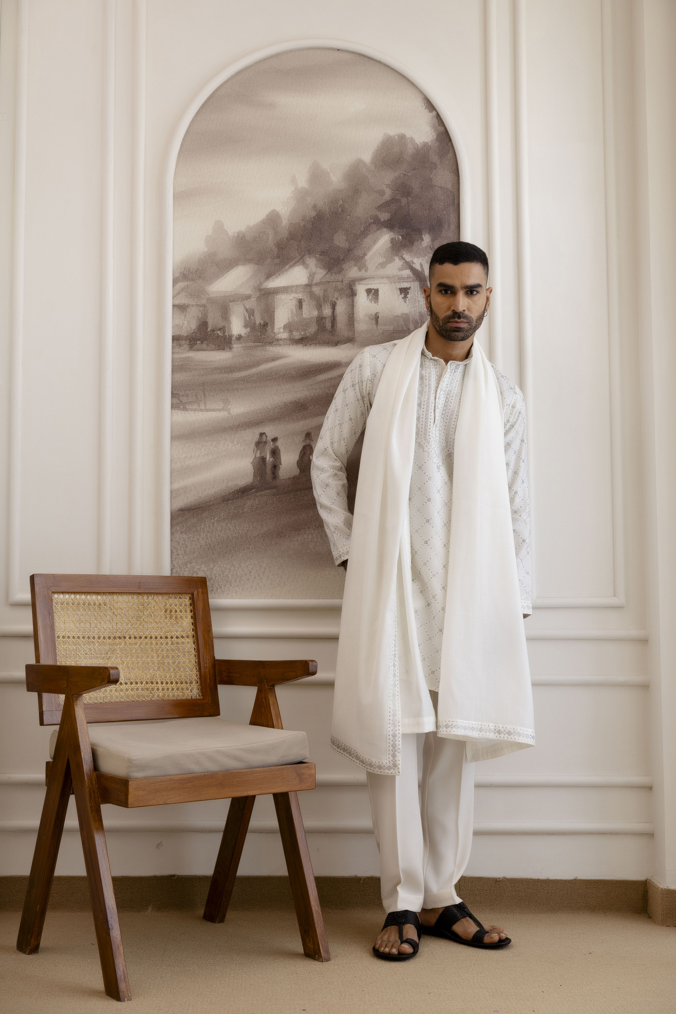 Sequence Work Kurta With Dupatta In White