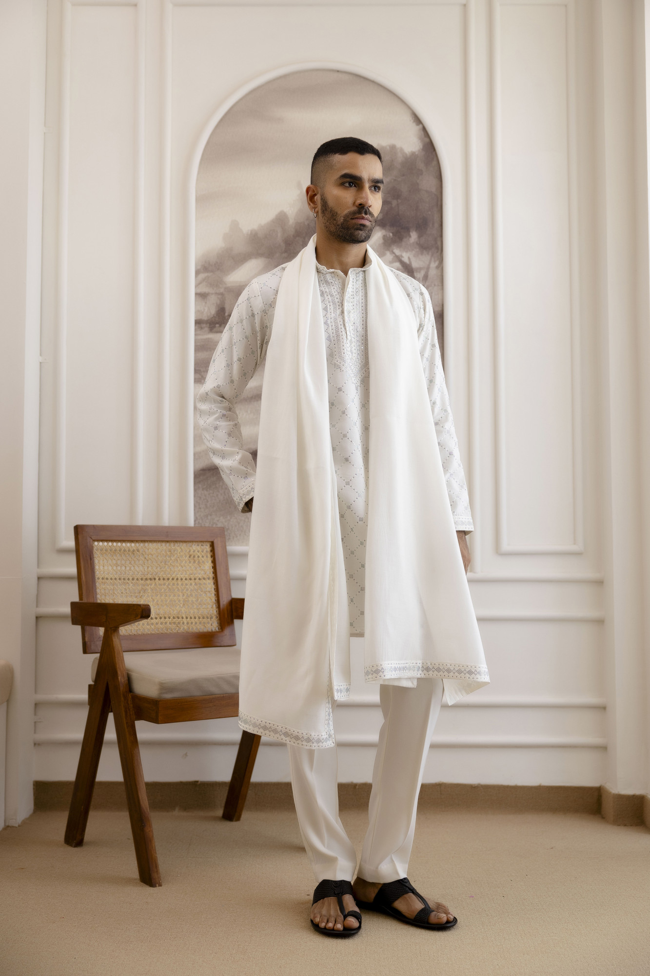 Sequence Work Kurta With Dupatta In White