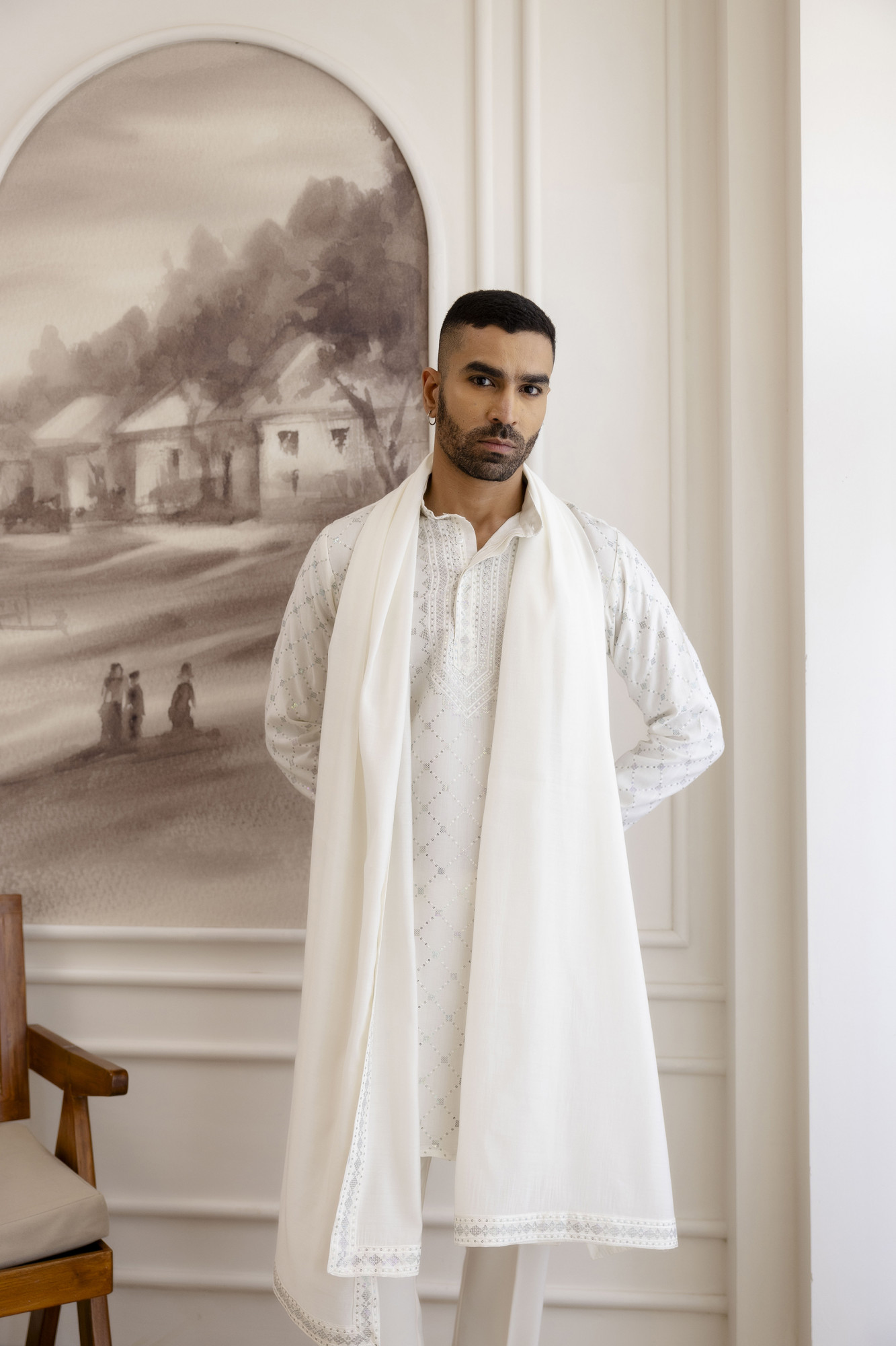 Sequence Work Kurta With Dupatta In White