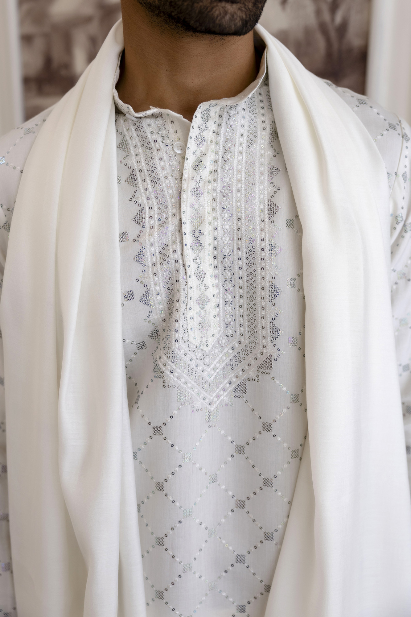 Sequence Work Kurta With Dupatta In White