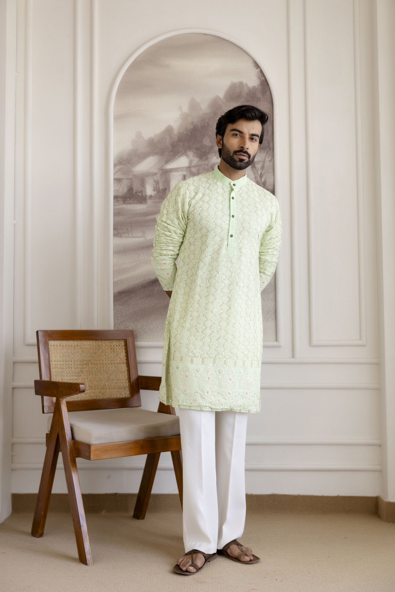 Lucknowi Kurta In Mint Green