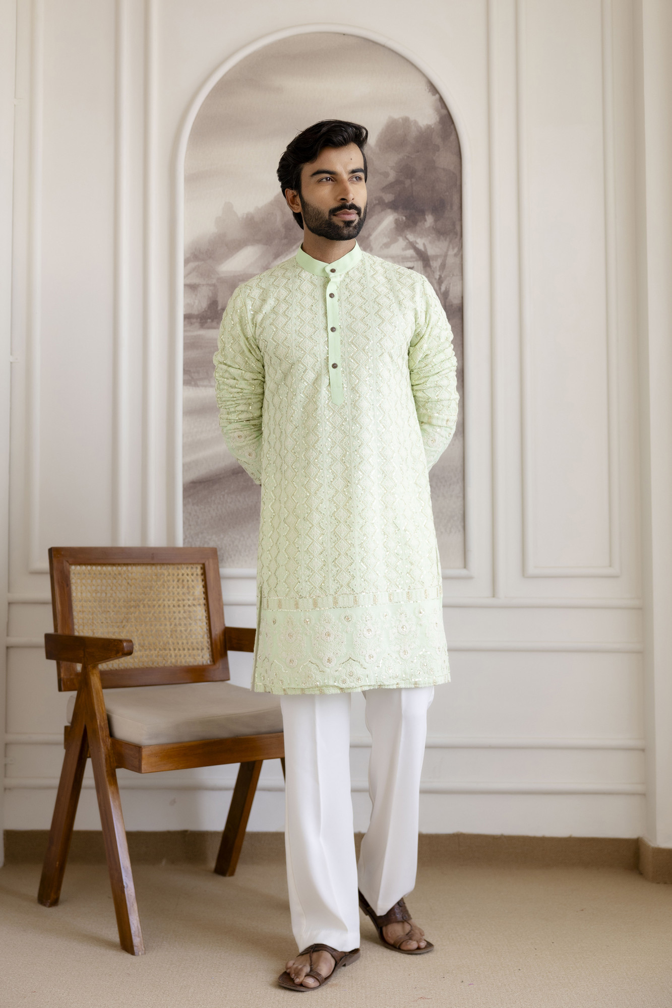 Lucknowi Kurta In Mint Green