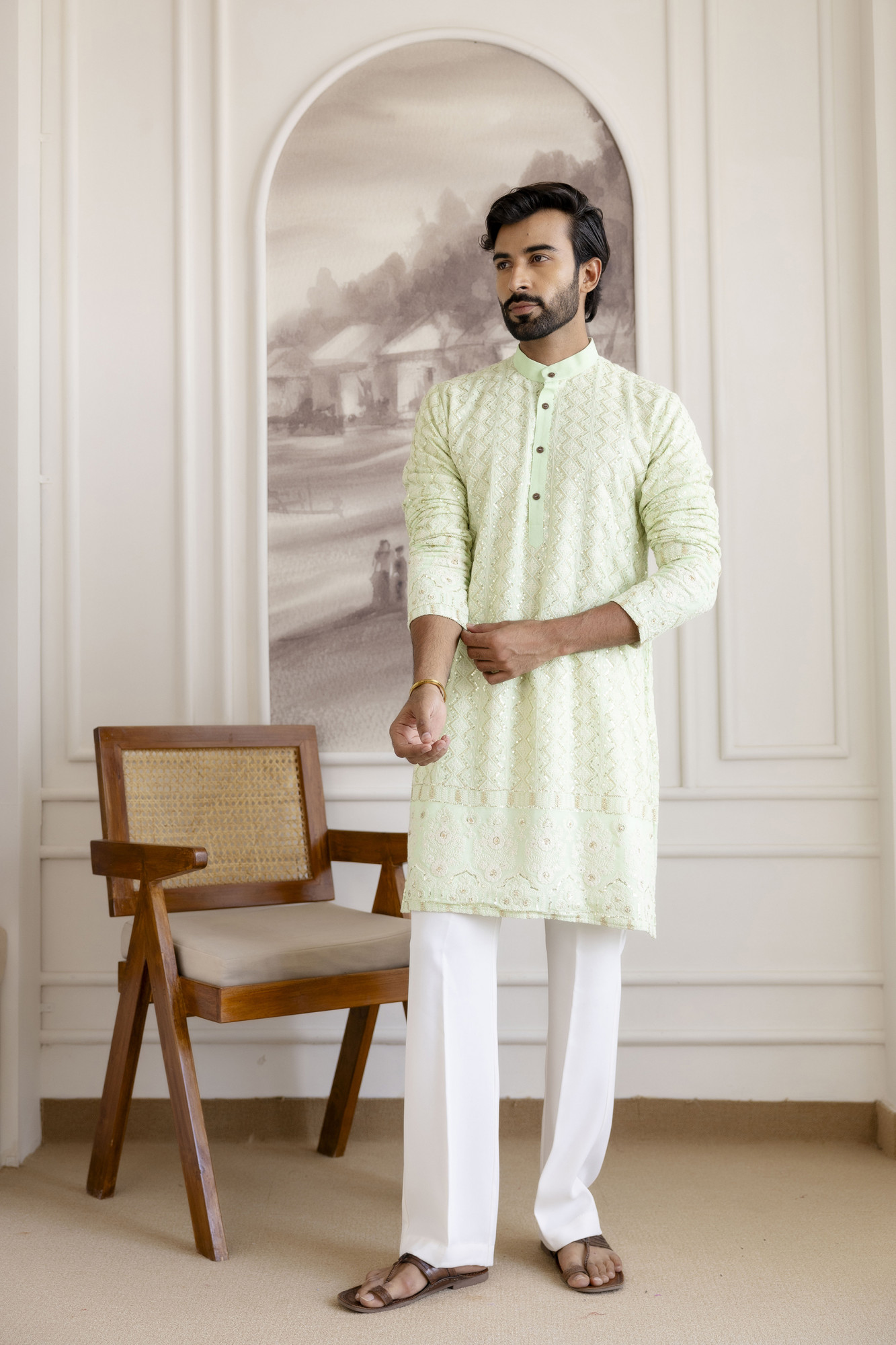 Lucknowi Kurta In Mint Green