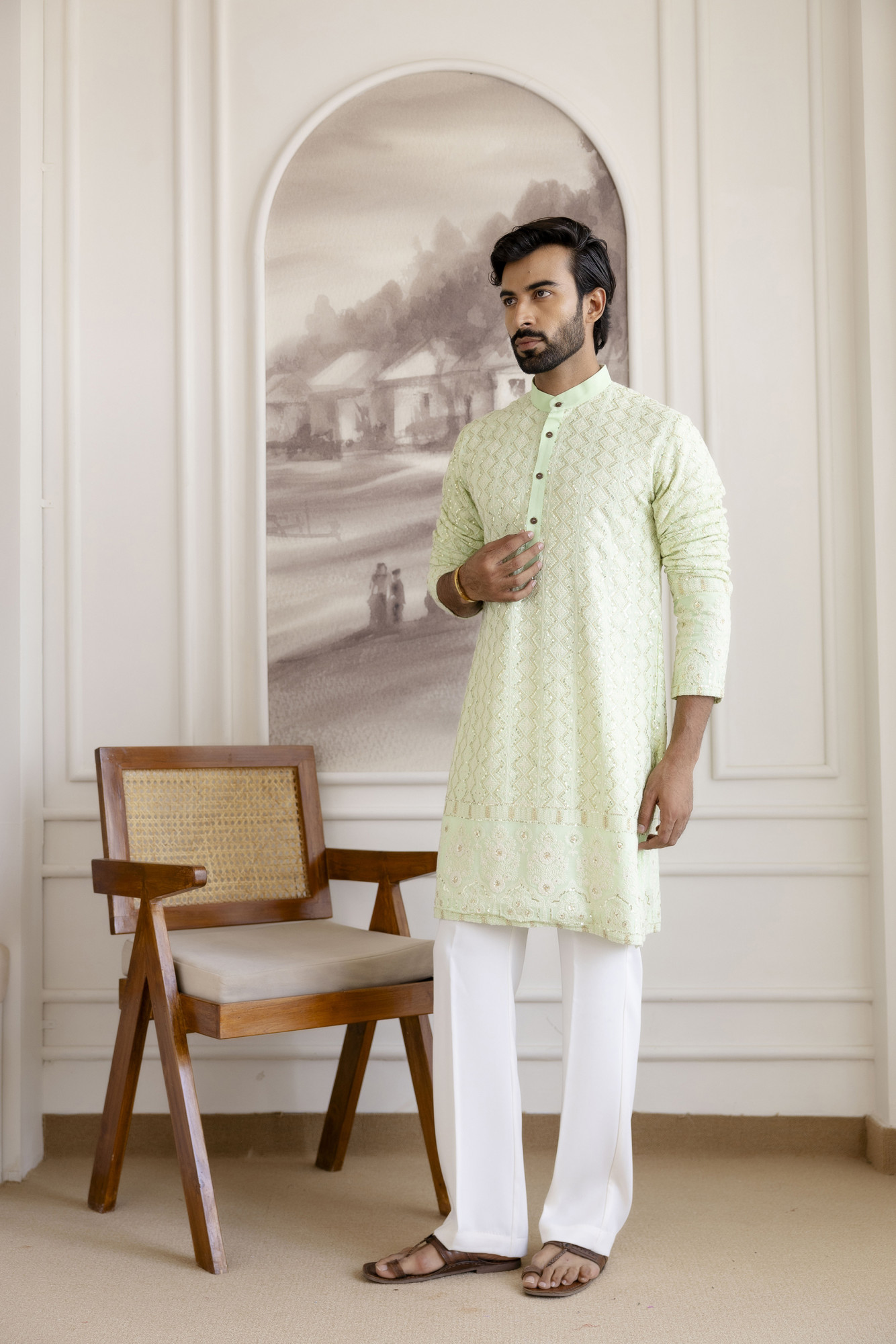 Lucknowi Kurta In Mint Green