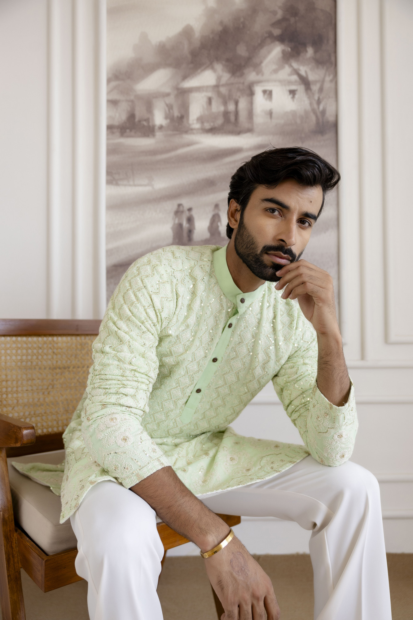 Lucknowi Kurta In Mint Green