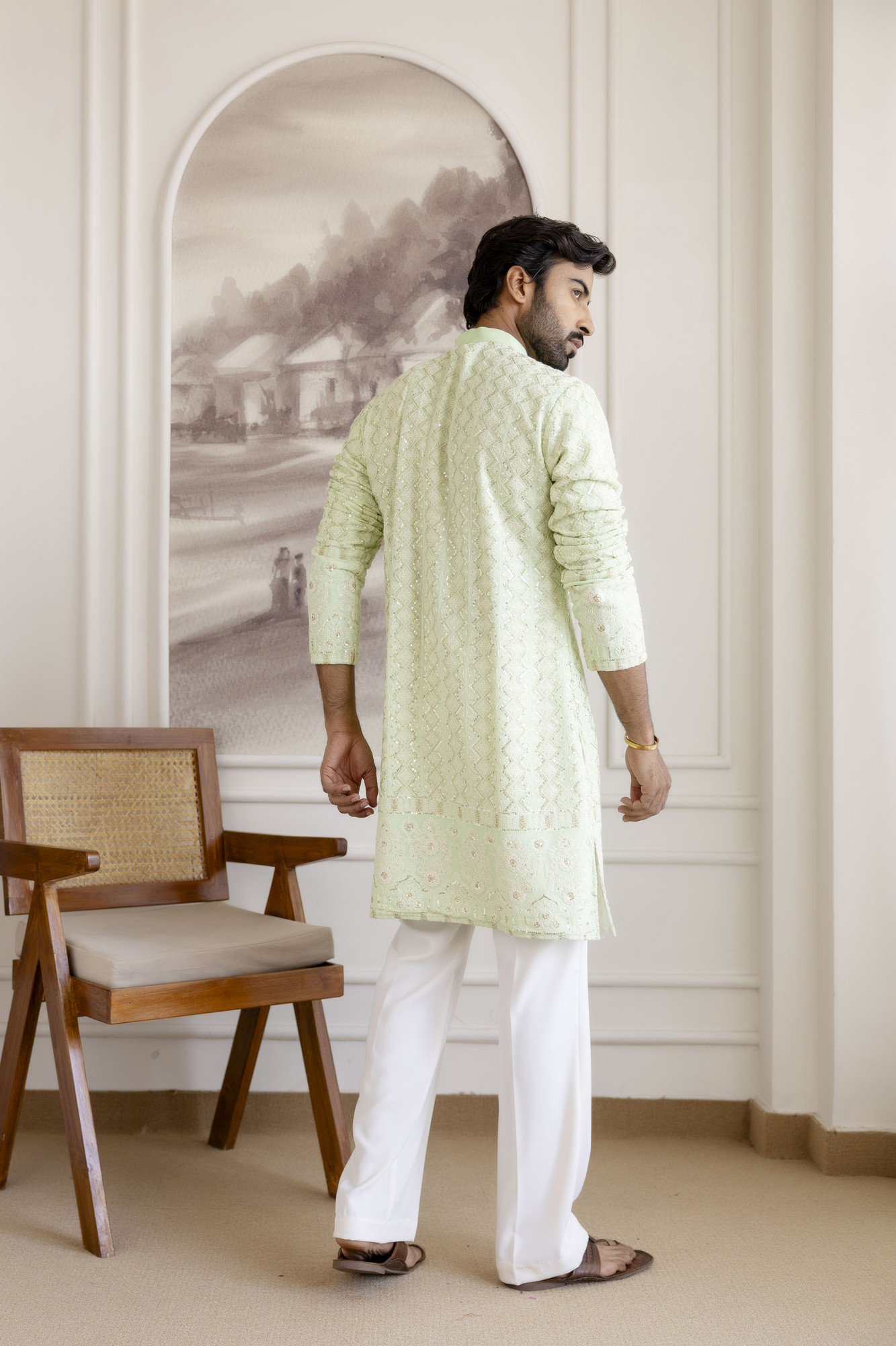Lucknowi Kurta In Mint Green