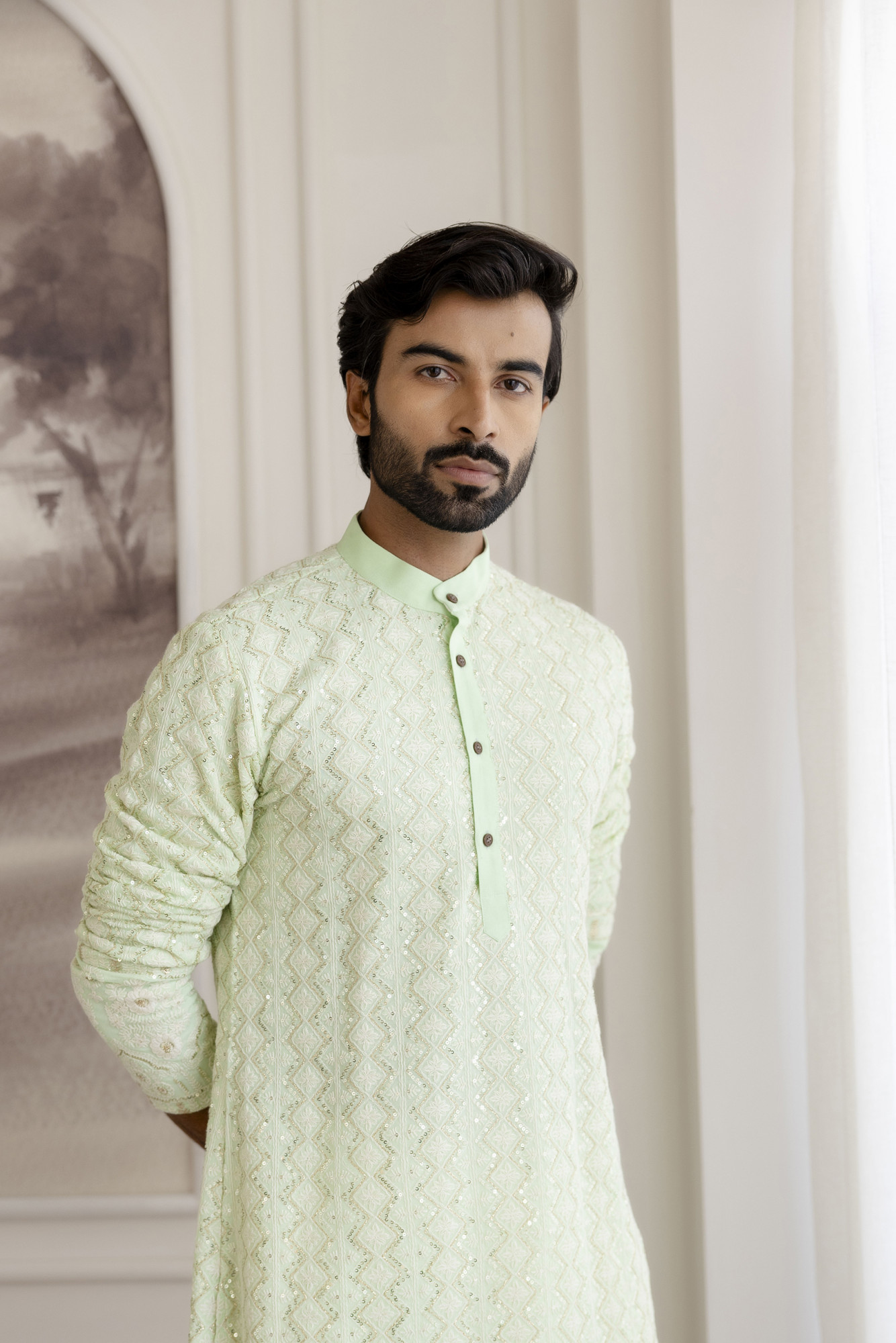 Lucknowi Kurta In Mint Green